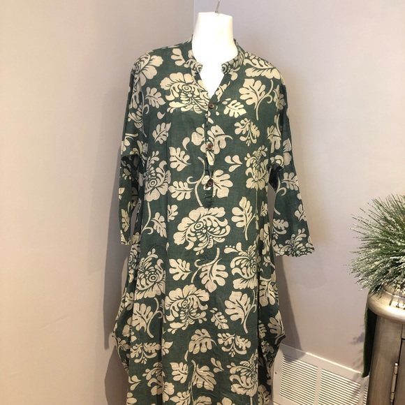 jinhui Dresses & Skirts - NWT jinhui green linen cotton mix floral print dress oversized size small